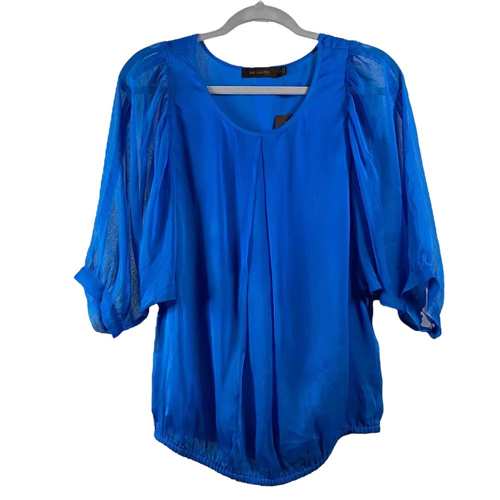 New The Limited Womens Royal Blue Bohemian Elastic Waist Chiffon Blouse‎ Sz XS